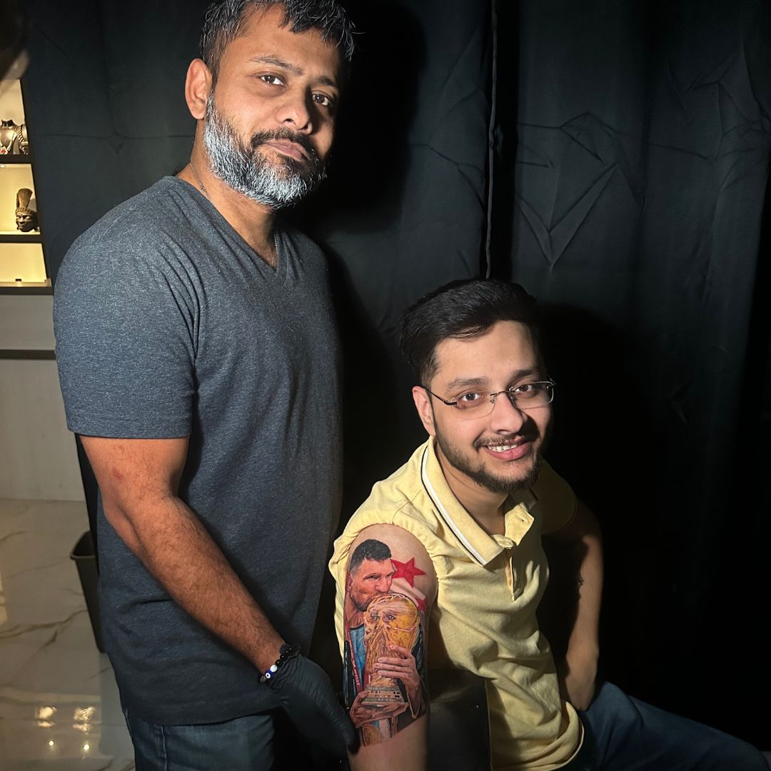 The best tattoo artist (Rajdeep) in Kolkata who made Lionel Messi Tattoo is with the person who trusted to get this tattoo